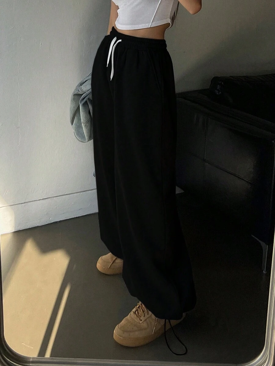 DAZY 抽绳腰斜口袋运动裤宽松裤秋冬女式慢跑裤 - 黑色 - 查看 1