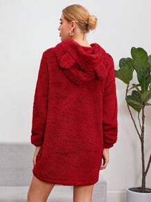 SHEIN Essnce Women's Hooded Sweatshirt Dress With 3d Ear Decoration - Red - View 2