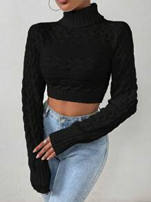 Glyssa 女士短款高领毛衣，长袖针织套头衫，秋冬毛衣 - 黑色 - 查看 5