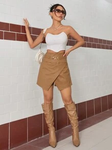 Zolique Damen Shorts mit asymmetrischem Saum und Ketten Dekor - Khaki - Übersicht 7