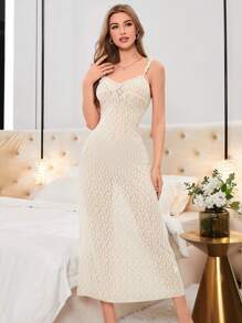 Women's Embroidered Spaghetti Straps High Split Night Dress - Beige - View 5