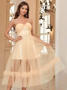 SHEIN Belle Women's Bowknot Twisted Sheer Dress With Full Swing, Dreamy And Elegant For Cocktail Party - Champagne - View 1