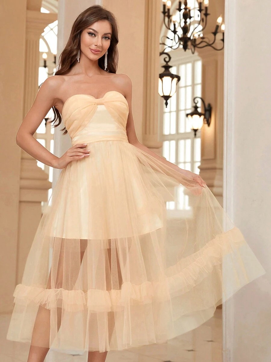 SHEIN Belle Women's Bowknot Twisted Sheer Dress With Full Swing, Dreamy And Elegant For Cocktail Party - Champagne - View 1