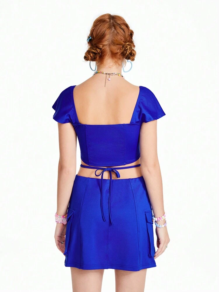 Dopamine Flap Pocket Cargo Skirt Cute Dog Print Two-Piece Outfit