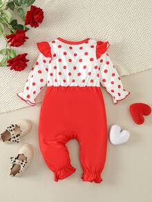 Baby Girl Contrast Color Lovely Ladybug Polka Dot Printed Jumpsuit - Red - View 2