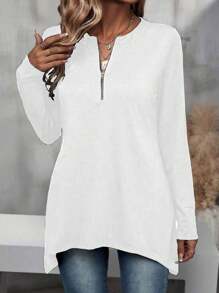 SHEIN LUNE 女性加大一碼半拉鍊v領長袖t卹 - 白色 - 查看 5