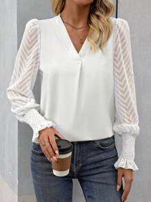 SHEIN Clasi 長袖拼色襯衫 - 白色 - 查看 1