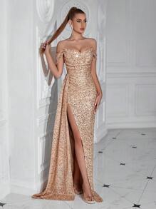 ADYCE High Slit Sequined Ruched Cocktail Party Evening Homecoming Long Dress With Flowing Ribbon Elegant Formal Prom Wedding Guest Gown, For Graduation, Dinner Elegant Sequin - 香檳色 - 查看 3