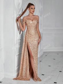 ADYCE Vestido largo de cóctel, fiesta, bienvenida, baile de graduación, cena elegante con abertura alta, plisado, lentejuelas, cinta fluida, elegante y formal para invitada de boda