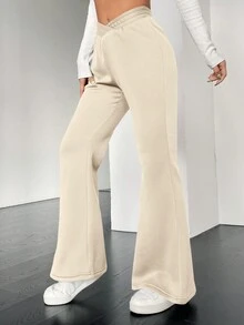 SHEIN Essnce Solid Color Flared Pants With Thermal Lined - Apricot - View 3