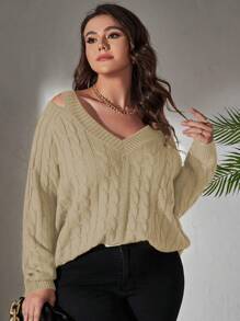 SHEIN LUNE Plus-Size Women's Solid Color Cold-Shoulder Pullover Sweater Knit Pullover Fall Winter - Apricot - View 5