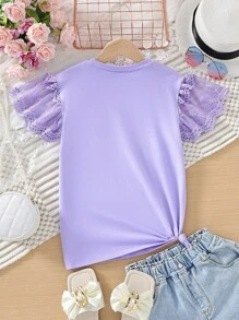 Teen Girls' Lace Splice Floral Lace Hem Round Neck T-Shirt - Mauve Purple - View 2