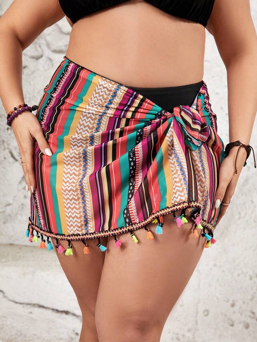 SHEIN Swim Curve 大尺碼女條紋開襟衫和裙子套裝嘉年華 - 彩色 - 查看 1