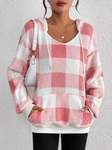 SHEIN Essnce Của phụ nữ Checkered Hoodie Với Sang trọng Lót - Màu Hồng baby - Xem 4