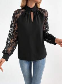 SHEIN Tall Ladies' Lace Splicing Hollow Out Blouse - Black - View 3