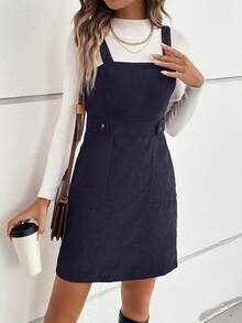 SHEIN Clasi Solid Color Corduroy Sleeveless Dress - Navy Blue - View 6