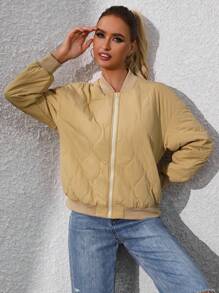 SHEIN LUNE 拉鍊前方拼接夾棉外套 - 卡其色 - 查看 3