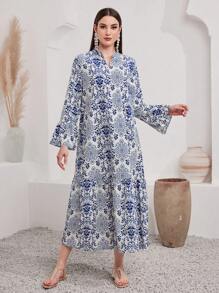Al Najma Printed Notched Hemline Modest Long Sleeve Dress