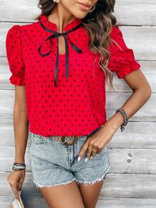 Chiquease Kontrastowa Kolorowa Bluzka W Kropki Z Nadrukiem I Wiązanym Kołnierzem Na Ubrania Noworoczne, Bluzki Z Krótkim Rękawem