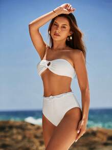 Swim Chiccia Women's Bandeau Bikini Set With Circular Ring Connection Summer Beach - White - View 3