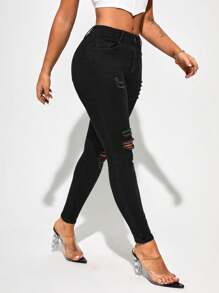 SHEIN SXY Women'S Ripped Denim Jeans - Black - View 4
