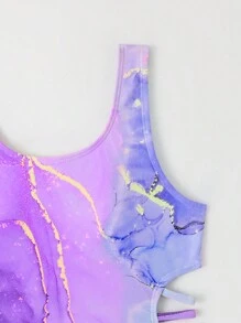 Tween 女孩印花鏤空全包覆腰部連身泳衣 - 彩色 - 查看 4