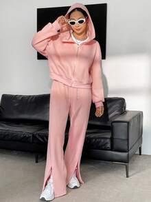 SHEIN Unity Zip Up Drop Shoulder Hoodie & Split Hem Pants - Pink - View 3