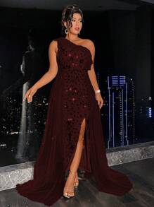 SHEIN Belle 勃艮第红色大码不对称领口透明网眼拼接亮片开衩连衣裙 - 酒紅色 - 查看 4