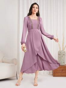 Modelyn Women'S Square Neck Cuffs Patchwork Dress Long Evening Dresses