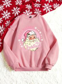 SHEIN EZwear In Giáng sinh Thả vai Lót nhiệt Áo nỉ - Màu Hồng baby - Xem 5