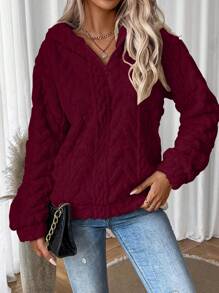 SHEIN LUNE 女式小麥簇絨紋理毛絨運動衫 - 酒紅色 - 查看 5