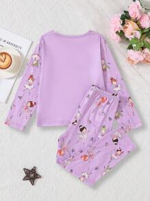 Genkimix Kids Young Girl Cartoon Printed Long Sleeve Pajama Set With Pants - Purple - View 2