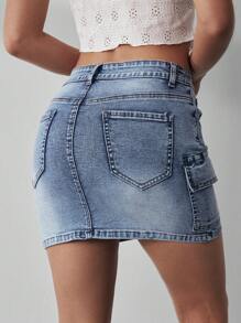 SHEIN EZwear Washed Denim Cargo Skirt - Medium Wash - View 2