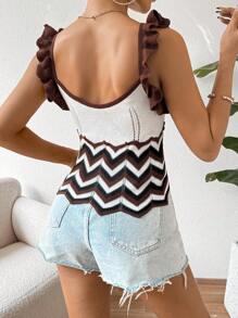 Chiquease 褶邊飾邊波浪條紋針織毛衣 - 咖啡棕 - 查看 2