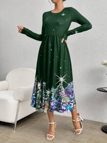SHEIN LUNE Của phụ nữ Cây thông noel In Vòng cổ Tay áo dài Eo Kẹp chặt Đầm - Màu xanh lá cây đậm - Xem 5