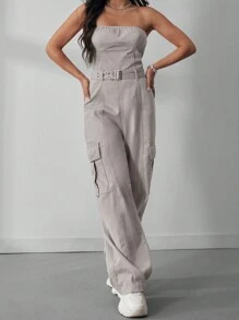 SHEIN EZwear Denim Jumpsuit With Braces, Cargo Style - Light Grey - View 5