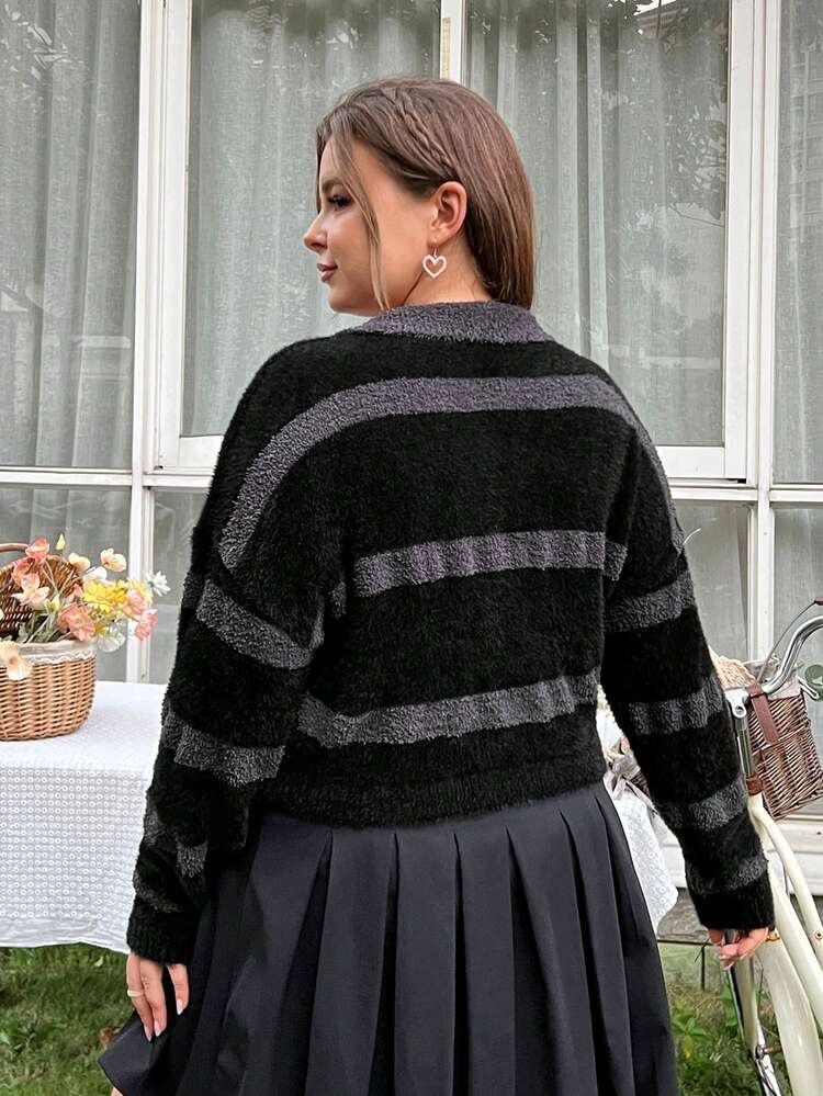 Plus Size Women's Striped Sweater With Letter And Heart Embroidery, Pullover