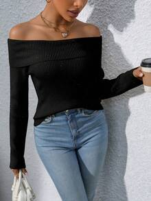 SHEIN Privé Của phụ nữ Một bờ vai Đồ đan Ribbed Tay áo dài Áo len - màu đen - Xem 5