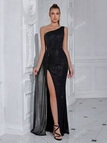 ADYCE Vestido largo de cóctel, fiesta y boda elegante con un hombro, abertura alta, cintura marcada, lazo y lentejuelas, para graduación, cena formal y eventos nocturnos