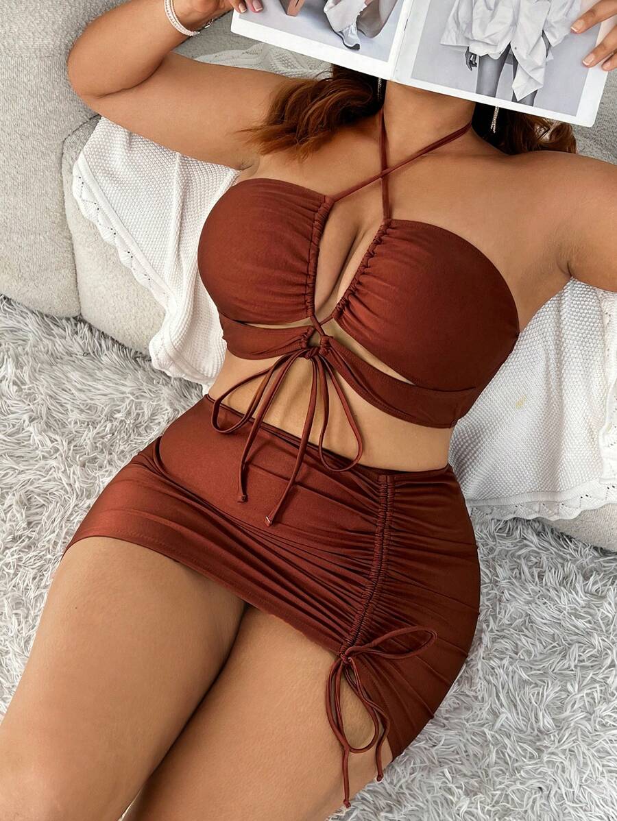 SHEIN Swim Curve Summer Beach Plus Size 3pcs Solid Color Swimwear Set New Year