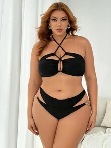 SHEIN Swim Curve 大尺碼鏤空掛脖上衣珍珠裝飾三角三角內褲比基尼泳裝套裝音樂節 - 黑色 - 查看 5
