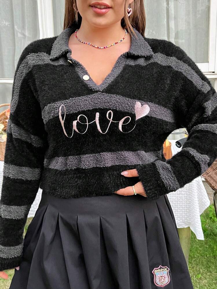 Plus Size Women's Striped Sweater With Letter And Heart Embroidery, Pullover