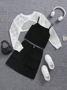SHEIN Conjunto de falda y top corto vintage minimalista de malla para niña preadolescente con tirantes y falda tipo utilitaria con bolsillo 3D - Azul y blanco - Ver 2