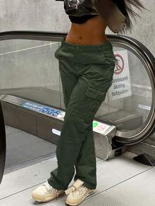 GILIPUR Pantalones cargo rectos sueltos de unicolor casuales para mujer - Verde militar - Ver 3