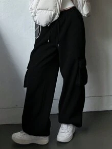 DAZY Pantalones de chándal con cordón en la cintura y bolsillos para mujer - Negro - Ver 3