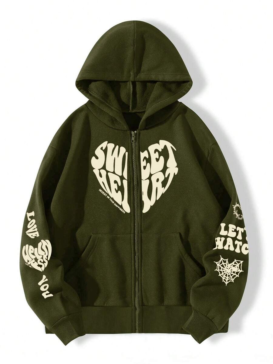 SHEIN Unity 字母與心型印花設計拉鍊開合連帽衫 - 軍綠色 - 查看 1