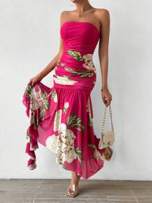 Zolique Vestido Sin Tirantes Con Estampado Floral - Rosa Fucsia - Ver 3