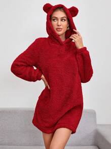 SHEIN Essnce Women's Hooded Sweatshirt Dress With 3d Ear Decoration - Red - View 1
