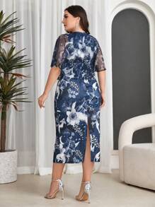 Modelyn Plus Size Floral Printed Patchwork Cape Dress - Multicolor - View 3