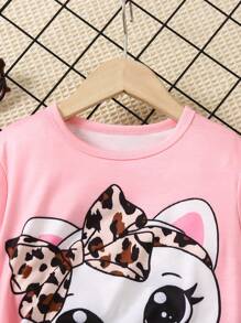 SHEIN Young Girl Cartoon Cat Print Top And Leopard Print Pants Set, 2pcs - Multicolor - View 3